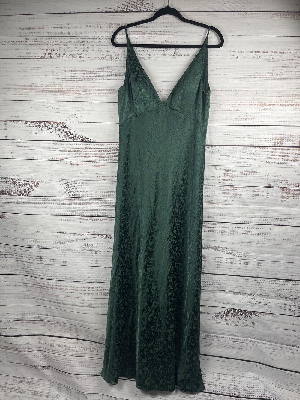 Jenny Yoo Collection Dress Women's 14 Green Jacquard Satin Slip Maxi Formal Gown